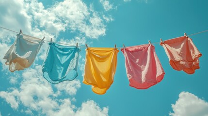 Colorful clothes drying on clothesline against sunny, cloudy sky (1)