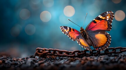 Obraz premium Close up Vibrant and Colorful Butterfly with Delicate Wings Perched on a Natural Textured Surface in a Dreamy Atmospheric Nature Scene with Blurred Bokeh Background