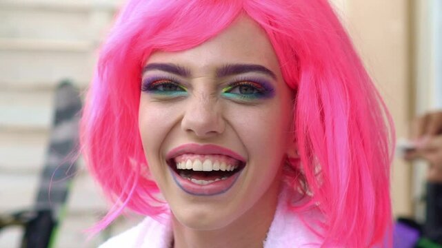 Chic and trendy visage. Funny face expression. Beauty portrait closeup. Makeup creativity. Pop art face makeup. Vibrant makeup. Elegant fashion visage. Beauty style. Funny face expression. Beauty art.