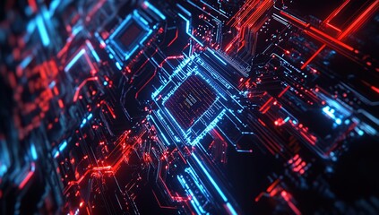Obraz premium Abstract Futuristic Circuit Board Glows with Red and Blue Neon Lights, High-Tech Digital Technology Background, Cyberpunk Style.