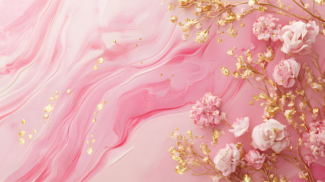 Abstract marble background with a pink theme and gold line accents and pink roses for a beauty or Valentine's background.