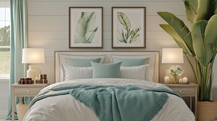 Elegant Coastal Bedroom Design with Leaf Prints and Soft Colors