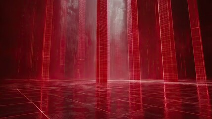 Red digital columns, futuristic city, misty background, abstract concept art