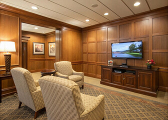 A warm and inviting living room featuring elegant wooden paneling, plush seating, and a mounted television, perfect for relaxation and entertainment