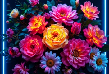Fototapeta premium Vibrant Display of Glowing Flowers in a Dark Setting Enhancing Natural Beauty. Generative AI