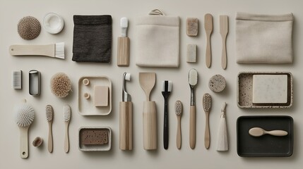 A set of eco-friendly bathroom accessories made from natural materials, including soap, brushes, and sponges.