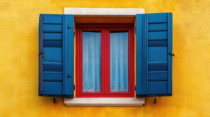 Obraz premium A beautifully painted window with deep blue shutters, a cheerful yellow frame, and elegant red trim.