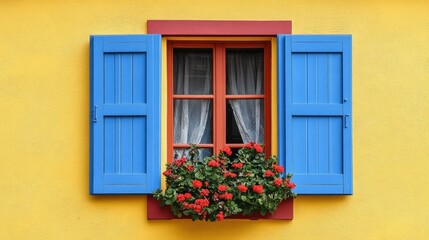 Fototapeta premium A beautifully painted window with deep blue shutters, a cheerful yellow frame, and elegant red trim.