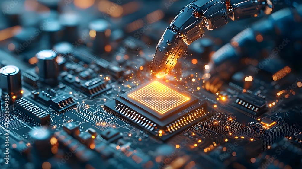 Poster Closeup view of a computer microchip or processor with intricate glowing circuitry digital connections and futuristic electronic components  Representing the power of modern intelligence