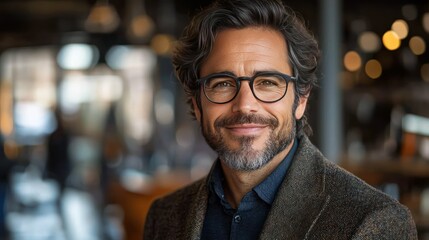 Confident and Stylish:  A mature man with a warm smile exudes confidence and sophistication. His glasses, salt-and-pepper beard, and  casual attire  create a  modern and approachable look. 