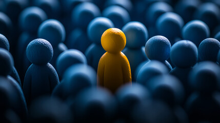 A yellow figure stands out among the blue figures, representing the concept of being different and unique in an audience or crowd. The background is a dark gray to emphasize the subject. High-quality 