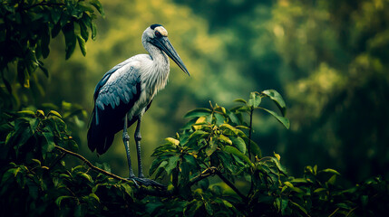 Fototapeta premium A photo of an open bill stork in the Indian countryside, perched on top of tree branches with lush green leaves.