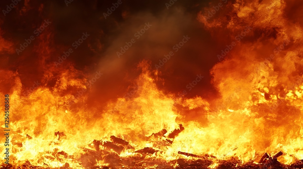 Poster A powerful and intense wildfire rages across the landscape engulfing everything in its path with towering flames and thick billowing smoke  The fiery creates a dramatic and ominous scene