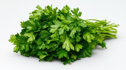 Fototapeta premium A fresh bunch of parsley with intricate leaf patterns, set against a simple white background for food photography.