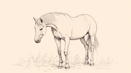 Obraz premium Grazing white horse in pasture, tranquil scene, artistic sketch