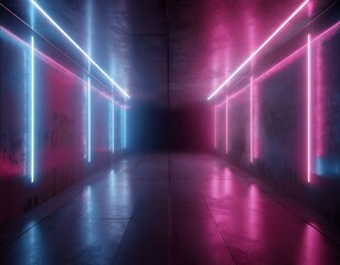 Sci Fi Futuristic Alien Tunnel Ship Corridor Underground Laser Purple Blue Neon Light Lines On Grunge Reflective Concrete Empty Space Background 3D Rendering