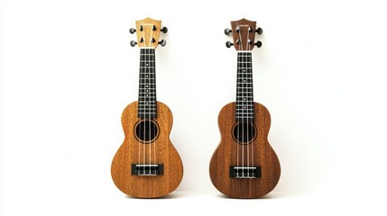 Obraz premium A front and side view of two wooden ukuleles, perfect for music-related content, set against a white background.