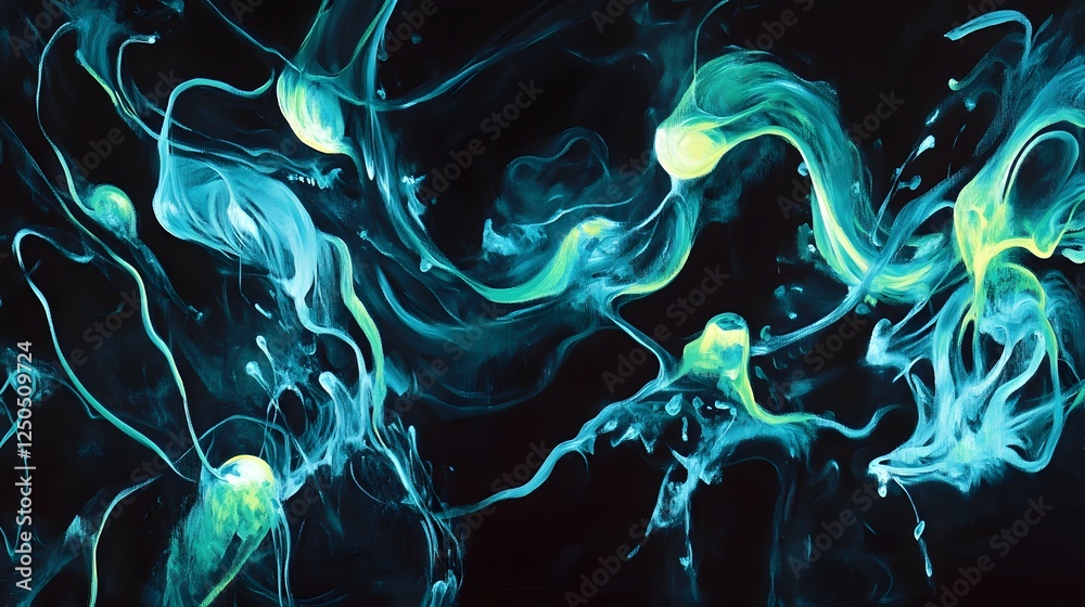 Aufkleber Captivating Fluid Swirls of Luminous Emerald and Sapphire Hues in a Surreal Visionary Digital Artwork  Mesmerizing abstract background with dynamic ethereal movements and psychedelic patterns