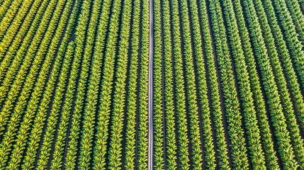 Aerial view of a vast banana plantation at sunrise, irrigation system visible