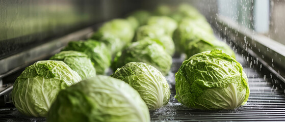 Fototapeta premium Cabbage undergoes meticulous washing process on conveyor belt in vibrant food processing plant