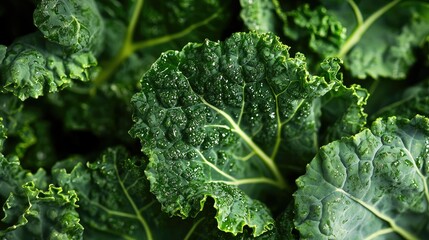 A macro shot of fresh kale leaves, showcasing their intricate veins and natural patterns, ideal for nutrition themes.