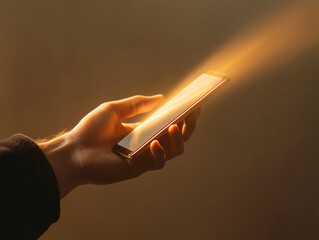A hand is reaching out to hold a smartphone that emits a bright light during twilight. The glow creates a warm ambiance, highlighting the contrast with the dark surroundings