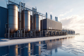 Obraz premium Innovative water desalination plant harnessing ocean resources with sustainable design and natural light