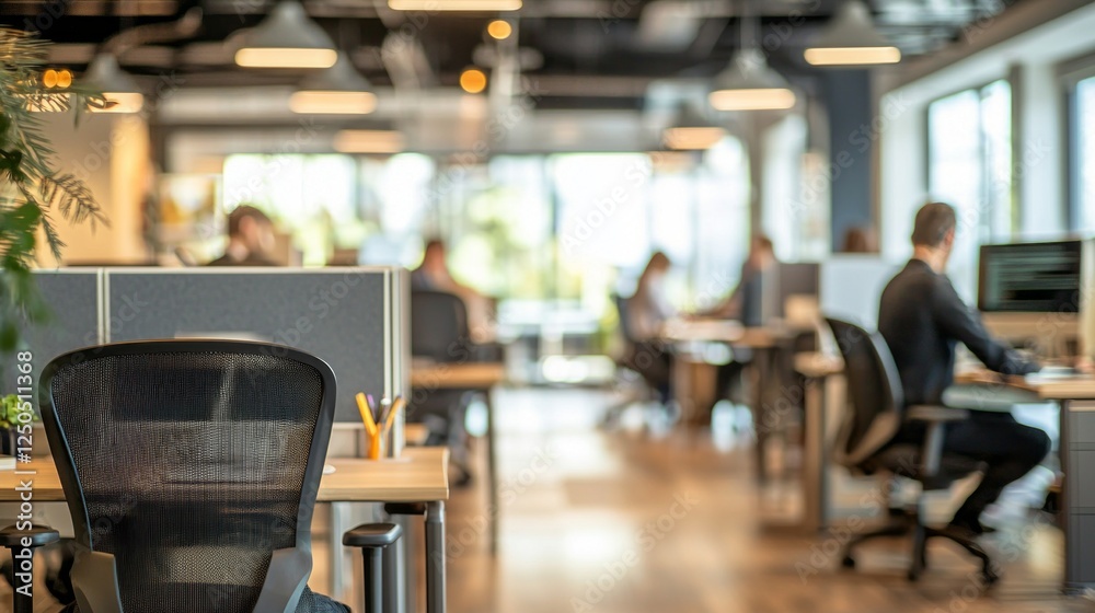 Poster inside a modern workspace, individuals are focused on their tasks, collaborating and typing at desks