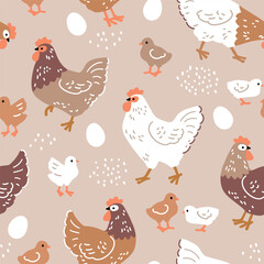 Seamless vector pattern with hens, chicks and eggs. Hand drawn Easter illustration with chickens. Perfect for textile, wallpaper or nursery print design. EPS10 vector file.