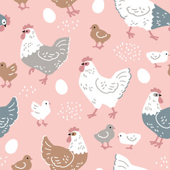 Seamless vector pattern with hens, chicks and eggs. Hand drawn Easter illustration with chickens. Perfect for textile, wallpaper or nursery print design. EPS10 vector file.