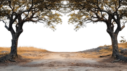 Dried grass field and two big trees on the road 