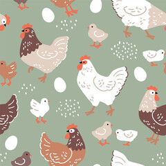 Seamless vector pattern with hens, chicks and eggs. Hand drawn Easter illustration with chickens. Perfect for textile, wallpaper or nursery print design. EPS10 vector file.