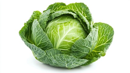 Fototapeta premium A perfectly fresh green cabbage with layered, crisp leaves, isolated on a clean white background.