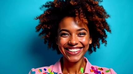 Joyful woman celebrating with colorful confetti against a vibrant blue background