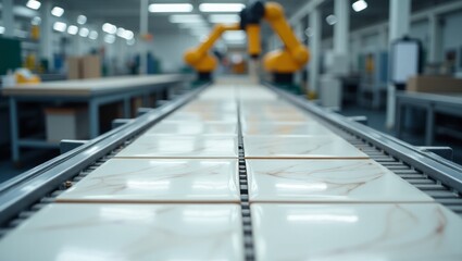 Tiles moving on a conveyor belt in a factory with robotic arms in the background.