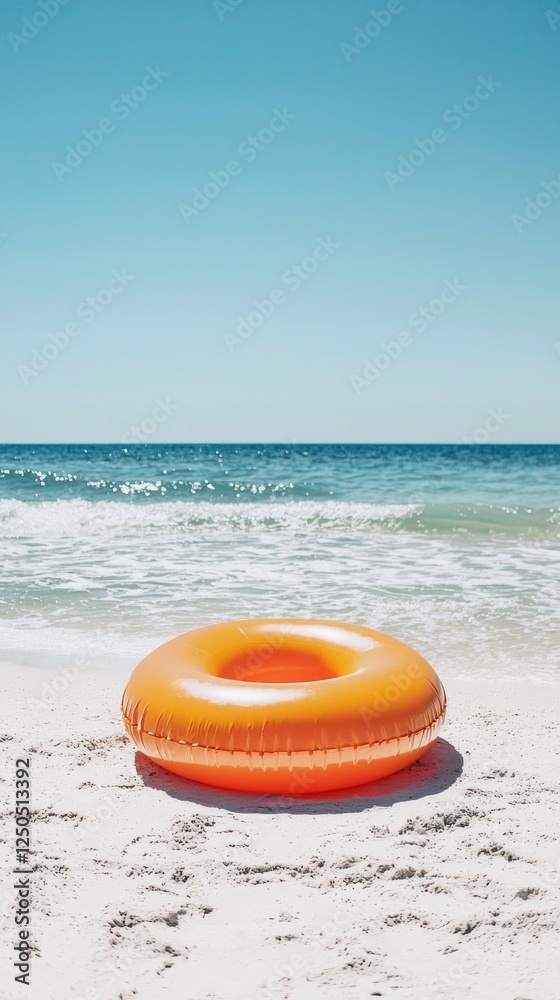Poster A vibrant inflatable donut sits idle on the warm sands, inviting beachgoers to enjoy a day of fun. The azure waves gently lap at the shore, creating a peaceful atmosphere