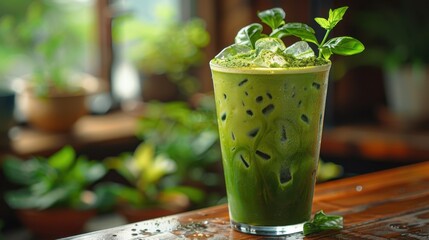 Iced matcha latte with swirling milk, soft-focus cafe setting