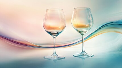 A refined composition of two elegant wine glasses, shimmering with soft golden and pastel tones.