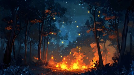 Dramatic and captivating landscape scene depicting a raging wildfire engulfing a dense mysterious nighttime forest with towering trees glowing flames and a smoky atmospheric ambiance