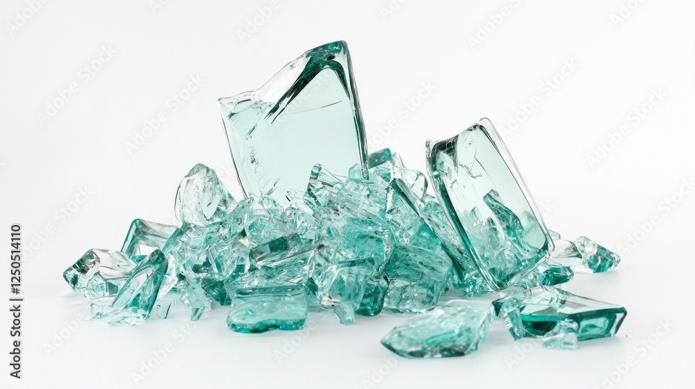 Aufkleber Shards of broken glass create a striking display with their sharp edges and translucent hues against a pristine white background, inviting a closer look at their unique forms and textures