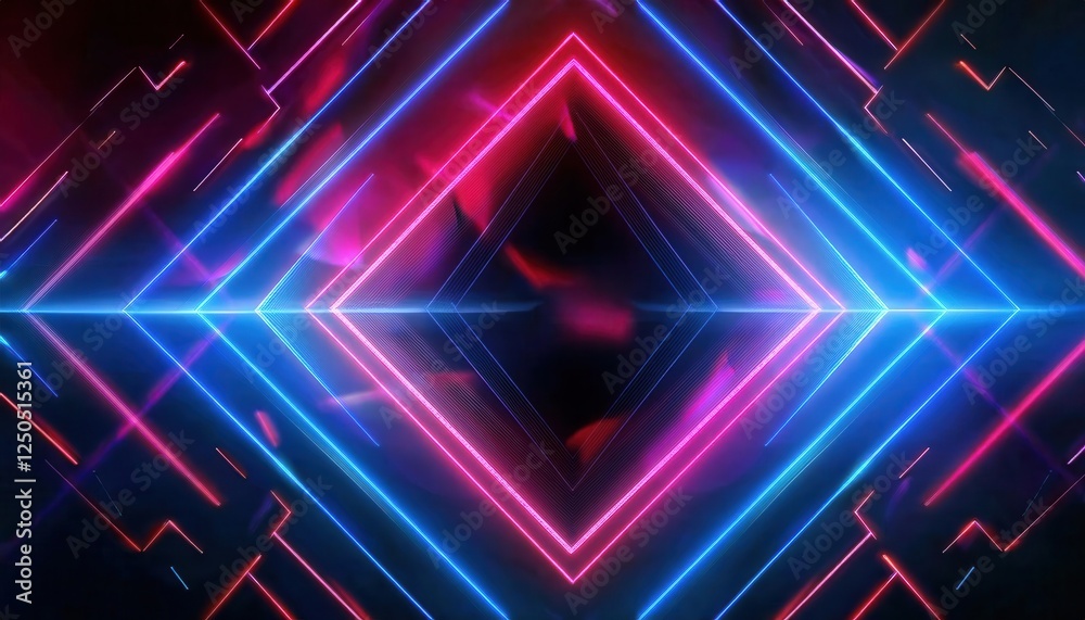 Poster neon futuristic glowing light patterns forming symmetrical diamond shape with vibrant pink and blue 