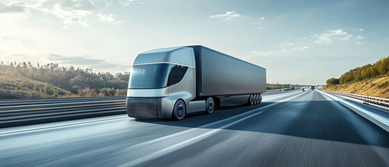 Future logistics transformed by autonomous trucks cruising on highways in a dynamic landscape