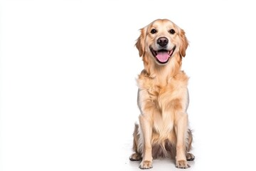 Fototapeta premium Happy Golden Retriever sitting on a white background, full body shot, displaying a joyful expression.