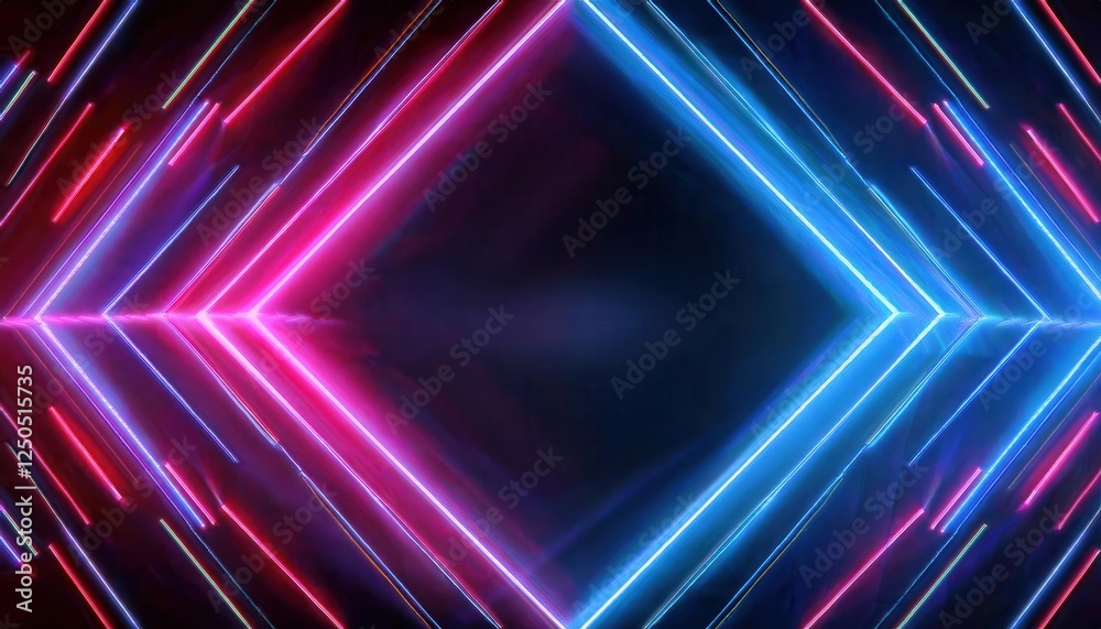 Poster neon futuristic glowing light patterns forming symmetrical diamond shape with vibrant pink and blue 