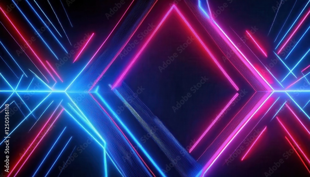 Poster neon futuristic glowing light patterns forming symmetrical diamond shape with vibrant pink and blue 