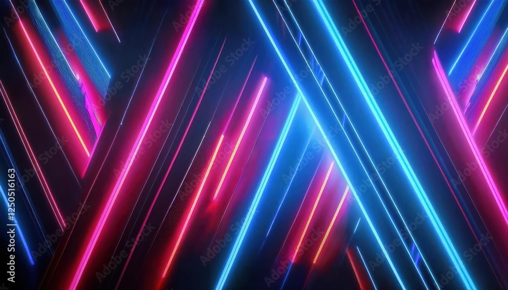 Poster neon futuristic glowing light patterns forming symmetrical diamond shape with vibrant pink and blue 