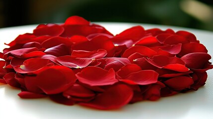 Red rose petals heart-shaped arrangement on table, blurred background, romantic setting
