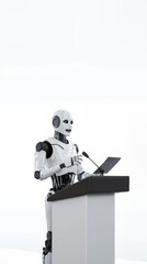 AI robot giving a speech at a podium, AI coach, AI Powered, AI Trainers, AI assistant, AI Agent