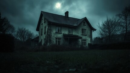 Haunted house and abandoned mansion in Halloween night concept. An eerie, abandoned house under a gloomy sky, surrounded by overgrown vegetation.