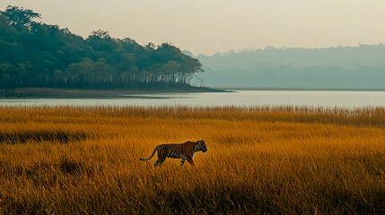 Naklejka premium The foreground shows an Indian tiger walking on tall grass, its body color being dark orange with black stripes.